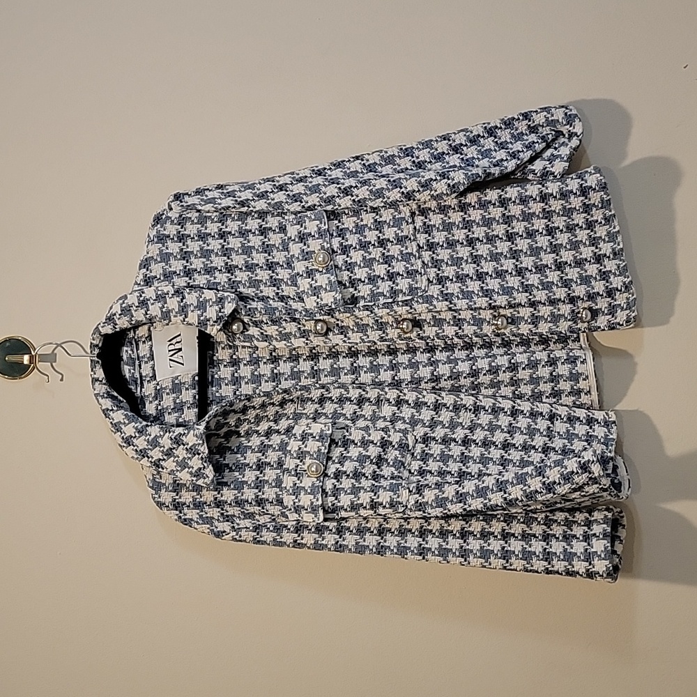 Zara houndstooth jeweled button jacket size large usa large blue white blazer